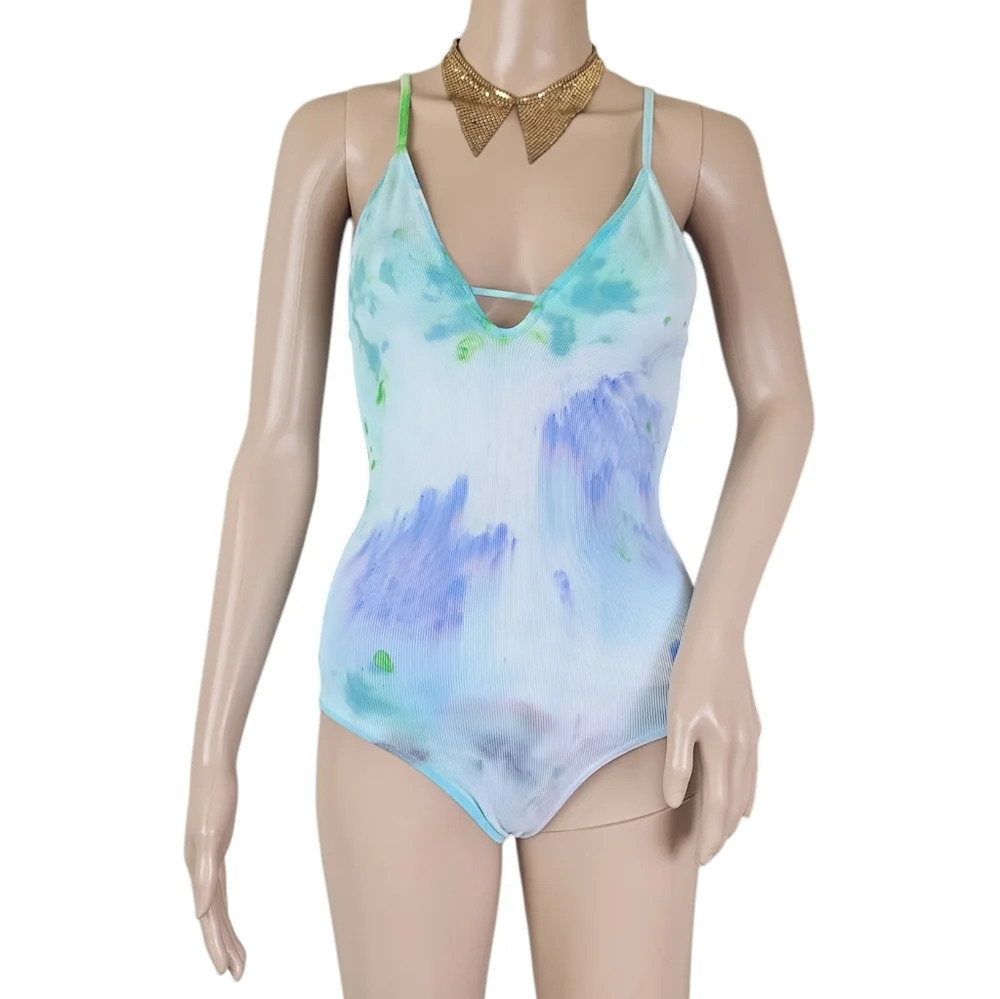 Free People Intimately Seamless Ribbed Cami Bodysuit Custom Tie Dye Purple Blue